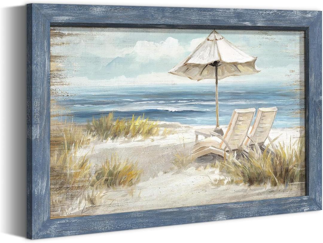 Modern Coastal Framed Wall Art: Beach Chair Painting Seaside Wood Decor Rustic Blue Ocean Artwork Calming Seascape Nature Picture Sea Deckchair Landscape Prints for Bedroom Bathroom Living Room