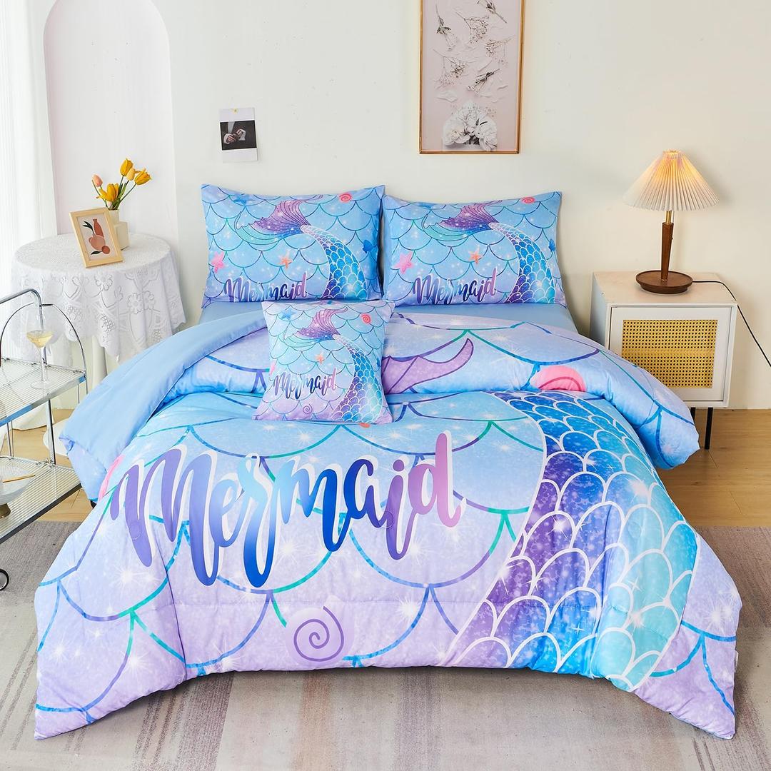 URBONUR 6Pcs Gradient Mermaid Bedding Set Twin Size Colorful Scales Light Blue Purple Comforter with Sheet Set Lightweight Kids Girls Bed in a Bag