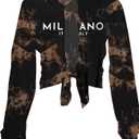 Sexy Tie-Front Tops for Women Clubwear Long-Sleeve Milano Graphic Crop Top Deep V-Neck T-Shirts Trendy (Black, S)