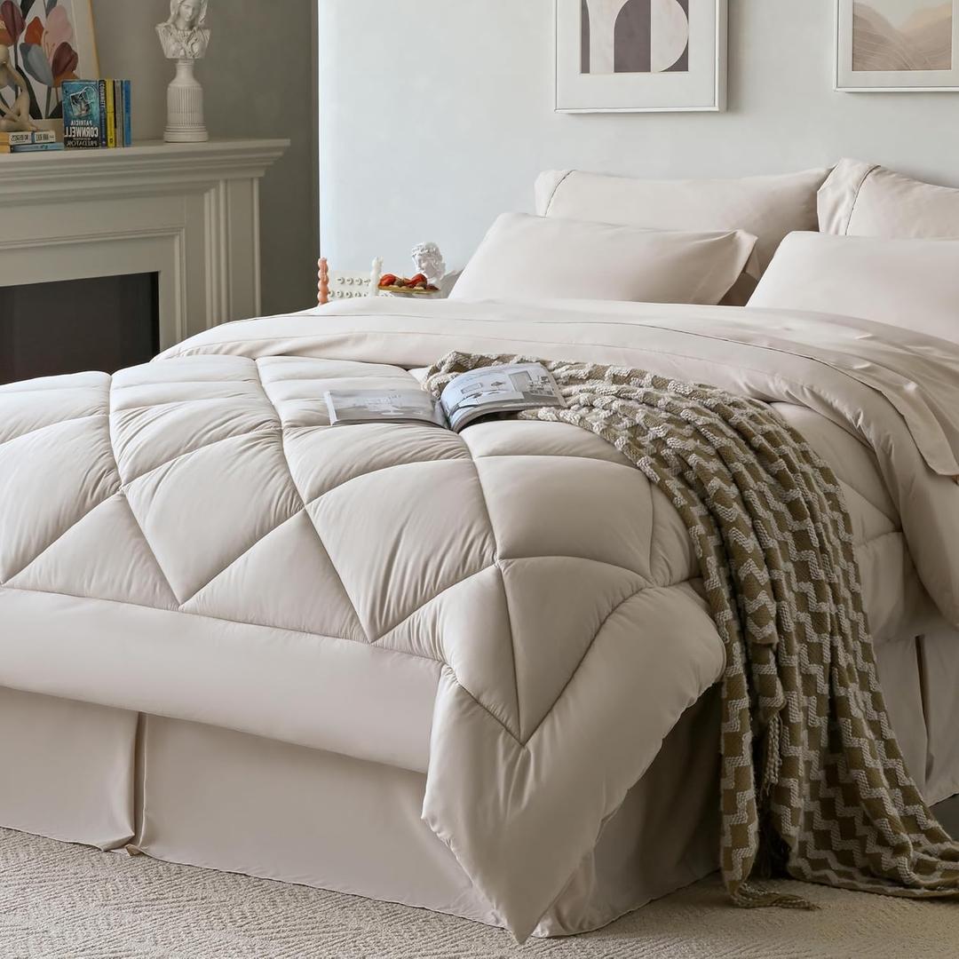 Newspin California King Comforter Set Beige - Bed in a Bag California King Size 8 Pieces, All Season Bed Set, Fluffy Comforter Set with Sheets, Sheet Set Quilt Blanket, Pillowcases & Shams & Bed Skirt