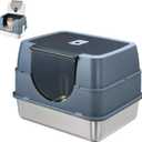 Stainless Steel Litter Box with Lid,Side Entry Large Litter Box,Enclosed High Sided Litter Boxes with High Sided Enclosure&Scoop,Anti-Urine Leakage Non-Sticky for Kitty&Medium Cats(Grey)