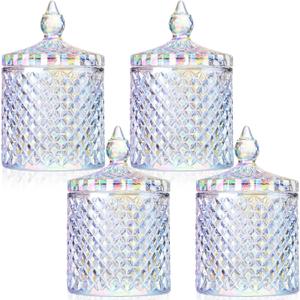 Aoriher 4 Pcs Crystal Glass Candy Jar Set with Lids Home Decorative Storage Jars for Apothecary, Bathroom, Kitchen, and Pantry, Ideal for Cotton Swabs and Jewelry(Medium,Rainbow)