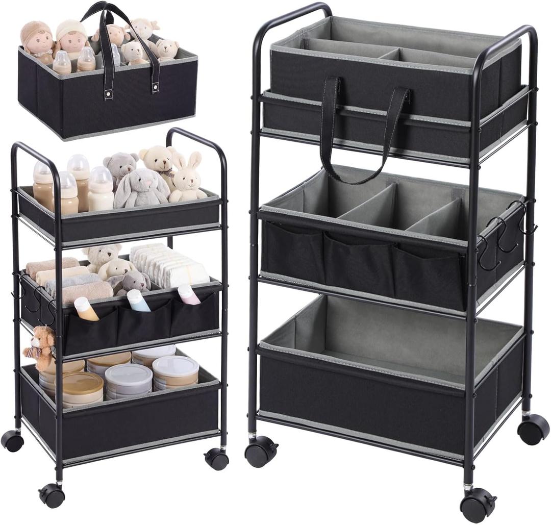 Honeydak 2in1 Baby Diaper Caddy Organizer Cart 3 Tier Large Capacity Metal Utility Bedside Rolling Cart with Divider for Newborn Nursery Essential Must Have for Crib Bedroom Baby Shower(Black)