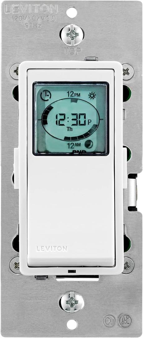 Leviton Decora Programmable and Astronomical Timer Switch for Lights and Motor Loads, Neutral Wire Required, Single Pole or 3-Way, VPT24-1PZ, White with Ivory and Light Almond Faceplates