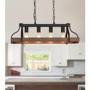 MEIXISUE Rustic Kitchen Island Dining Room Light Fixture Farmhouse Linear Chandelier Black and Retro Wood Finish 4-Light Industrial Metal Hanging Pendant Light UL Listed L28.3 W10.6