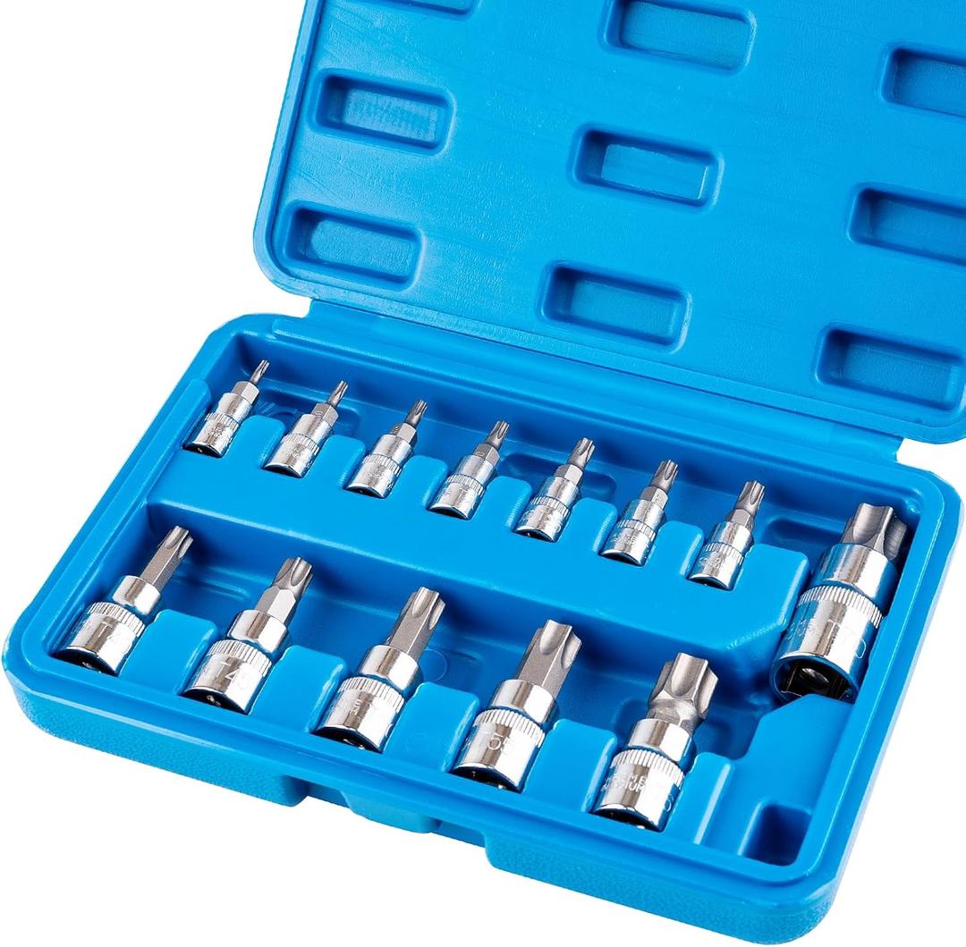 13-piece Torx Socket Set, T8-T60 Star Bits Kit with 1/4", 3/8", 1/2" Drive, S2 Steel & CR-V Construction, Built for Automotive, Furniture & Equipment Repair