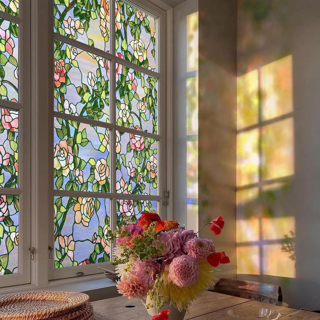 3D Stained Glass Window Film, Decorative Window Privacy Film for Bathroom, Front Door, Home, Sun Blocking Heat Control, Static Cling, Beast Rose 23.6inch x 35.4inch