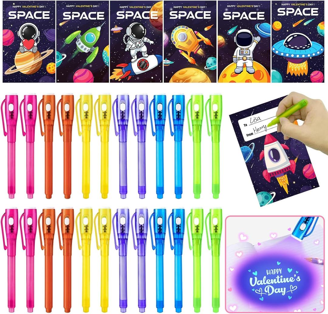 24 Pack Valentines Day Gifts for Kids,Invisible Ink Pen with UV Light and Space Astronaut Valentines Cards Bulk Spy Pen for Kids Boys Girls Classroom Exchange Prizes Party Favors Toys
