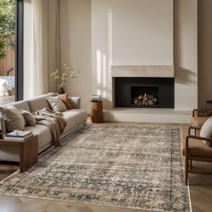 Rugxara 10x14 Area Rugs for Living Room Bedroom, Large Washable Rug, Grey Vintage Retro Boho Rug, Non Slip & Low Pile Faux Wool Thin Carpet for Indoor Dining Room and Kids Room(Grey 10x14ft)