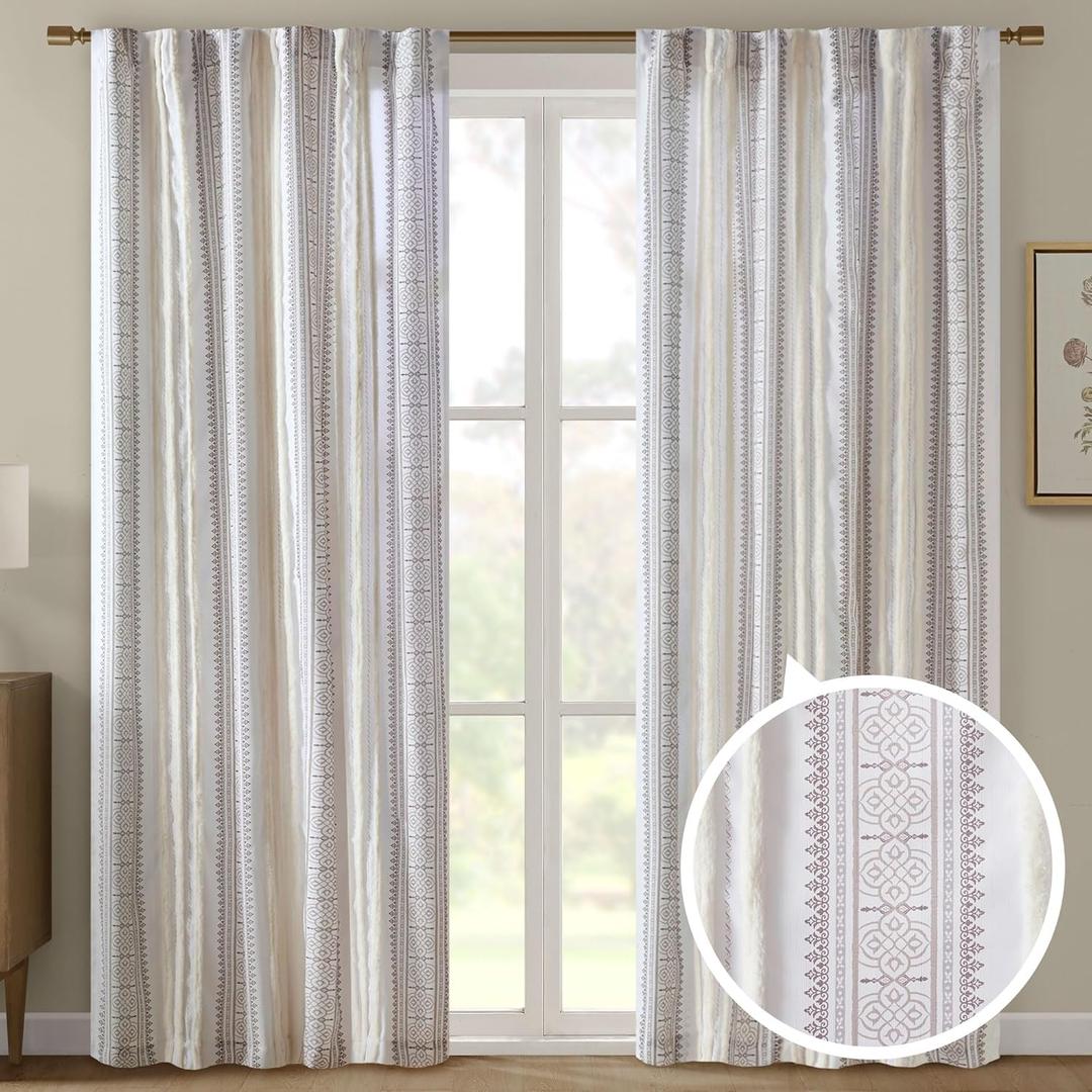 Madison Park Window Curtain for Living Room Geometric Print Tufted Accent Modern Curtain Window Light Blocking Living Room Drape for Bedroom, 1-Panel Pack Fits 1.25" Rod, Samara, 50x95 White/Brown