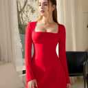 DAAWENXI Women's Casual Square Neck Mini Dress Long Sleeve A line Party Club Short Dress (Red, XL)