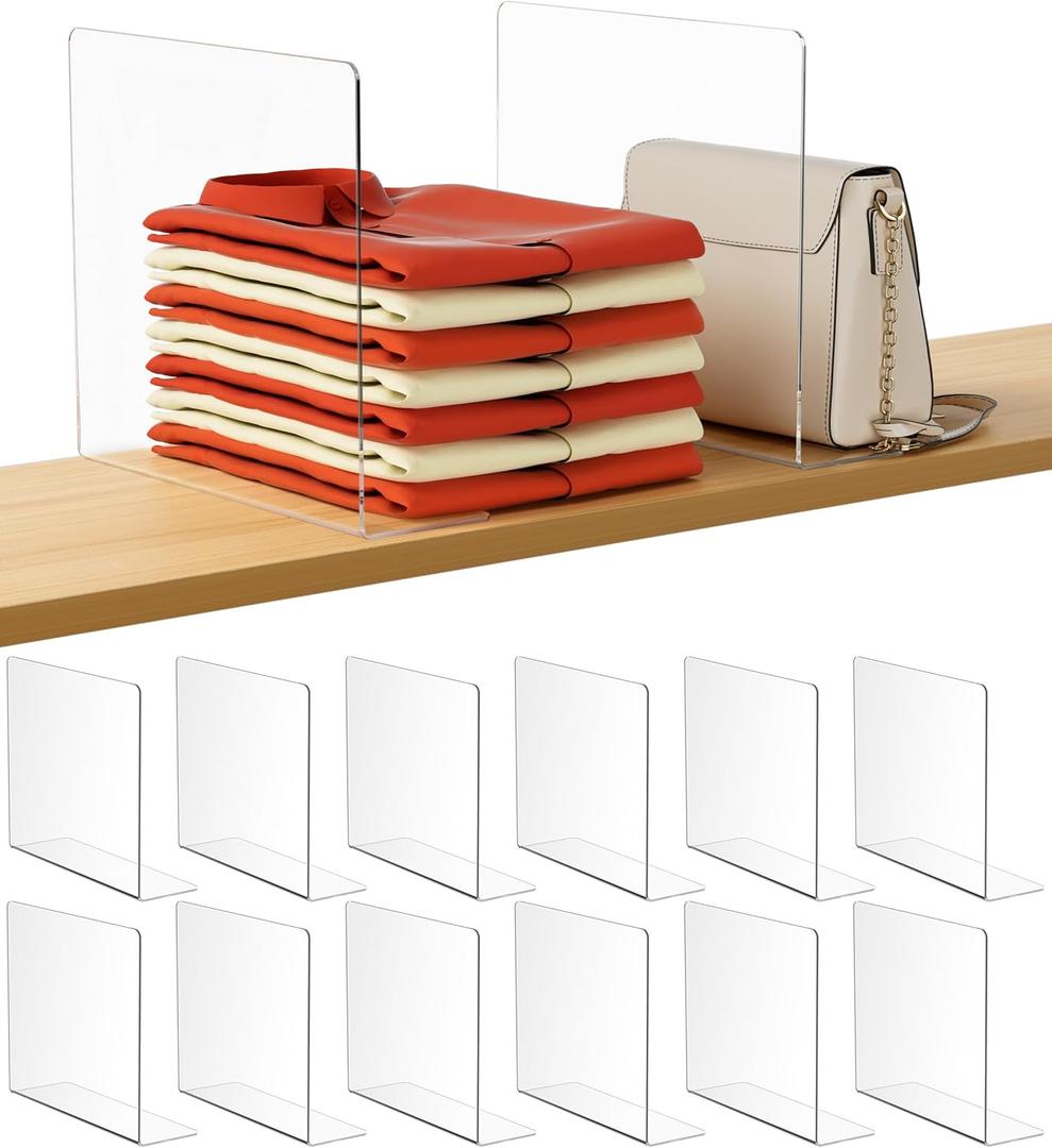 HBlife Acrylic Shelf Dividers for Closet Organization, 12 Pack Clear Sturdy Separate Closet Dividers for Shelves, Adjustable Purse Organizer for Sweater, Shirts, Handbags, Books in Bedroom and Kitchen (10" Tall X 11.29" Deep)