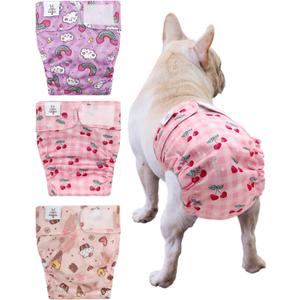 CuteBone Washable Dog Diapers Female No Tail Hole 3 Pack Reusable Doggie Period Training Pants for Docked-Tail Frenchie French Bulldog Boston Terrier Without Tail WWD29M