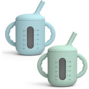 Seposeve 2 Pack Silicone Sippy Cups, Leak-Proof Baby Straw Cup for 6-12 Months, Spill Proof Toddler Cup with Straw 1-3 Years, with Capacity Marking, Non-slip Handle, Flow Control, 6 oz, Green Blue
