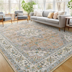FlyDOIT Vintage Washable Area Rug, 5x8 Beige Floral Medallion Rugs for Living Room, Ultra Soft Accent Bedroom Rug, Indoor Non-Slip Low-Pile Throw Carpet for Entryway Dorm Kitchen Dining Room Decor