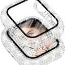 Newlibery Bling Watch Case with HD Screen Protector Women Compatible with Apple Watch 44mm Full Diamond Protective Face Cover PC Frame Protector for iWatch Series 4/5/6/SE Clear, Set of 2