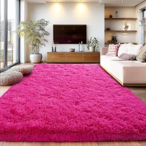 Large Fuzzy Rug 8x10 Feet Hot Pink Fluffy Rug for Living Room, Big Plush Non-Skid Shag Carpet, Soft Shaggy Rugs for Bedroom Indoor Modern Home Decor