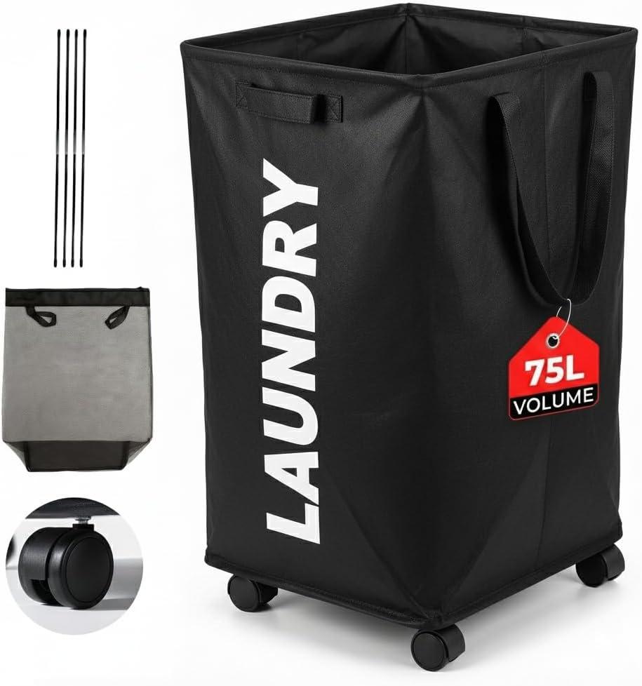 75L  Lockable Wheels Laundry Basket  Support Rods & Box Base  Tall Slim Laundry Hamper  Clothes Hamper  Rolling Cart on Wheels  Heavy Duty Black Laundry Basket  Bathroom, Bedroom & Dorm