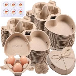30 PCS Valentine Heart Shaped Egg Cartons with Labels, Easter Pulp Paper Egg Cartons 3 Count with Jute Rope, Cute Egg Basket Storage Container Holder, Lover Gift Chicken Eggs Crate