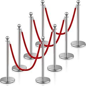 Ferraycle 8 Pcs Stainless Steel Stanchion Post Queue 5 ft Velvet Carpet Ropes and Pole Crowd Control Barriers Sand Injection Hollow Base and Velvet Ropes Set for Party Supplies (Silver)