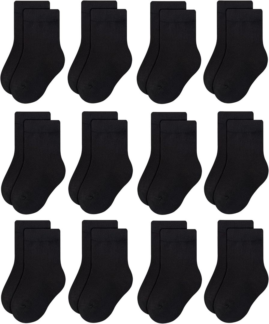 RATIVE Basic Socks Cotton Crew for Unisex Baby Infant Toddler Kids Boys Girls (1-3T, 12-pairs/Black)