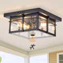Motion Sensor Outdoor Flush Mount Ceiling Light, Industrial Glass Rustic Wood-Like Finish 2-Light Ceiling Lamp for Porch, Entryway, Garage, Timer and Sensitivity Adjustable (Black-Square)