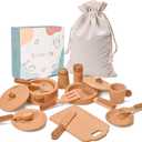Play Kitchen Accessories Montessori Wooden Toys Kids Kitchen Set Cookware Plates Dishes Pots Pans Cooking Playset 15 Pieces Sensory Toys for Toddlers Girls Boys With Storage Bag