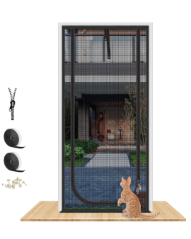 QWR Reinforced Cat Screen Door,Fits Door Opening Size 32''x 80'',Thickened Cat Proof Screen Door with Zipper Closure for Living Room,Kitchen,Bedroom (U-Type,Black)