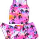 Sylfairy Girls 3 Piece Bathing Suit Summer UPF 50+ Racerback Swimsuit with Shorts Beach Tankini Sets 8-15 Years (Coconut Palm)