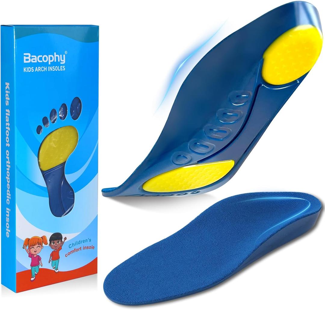 Bacophy Kids Orthotic Arch Support Shoe Insoles, Children Pu Cushioning Inserts, Shock Absorption Velvet Surfaces Deep Heel Cup Inner Sole for Flat Feet, Plantar Fasciitis, Feet Heel Pain Relief Blue