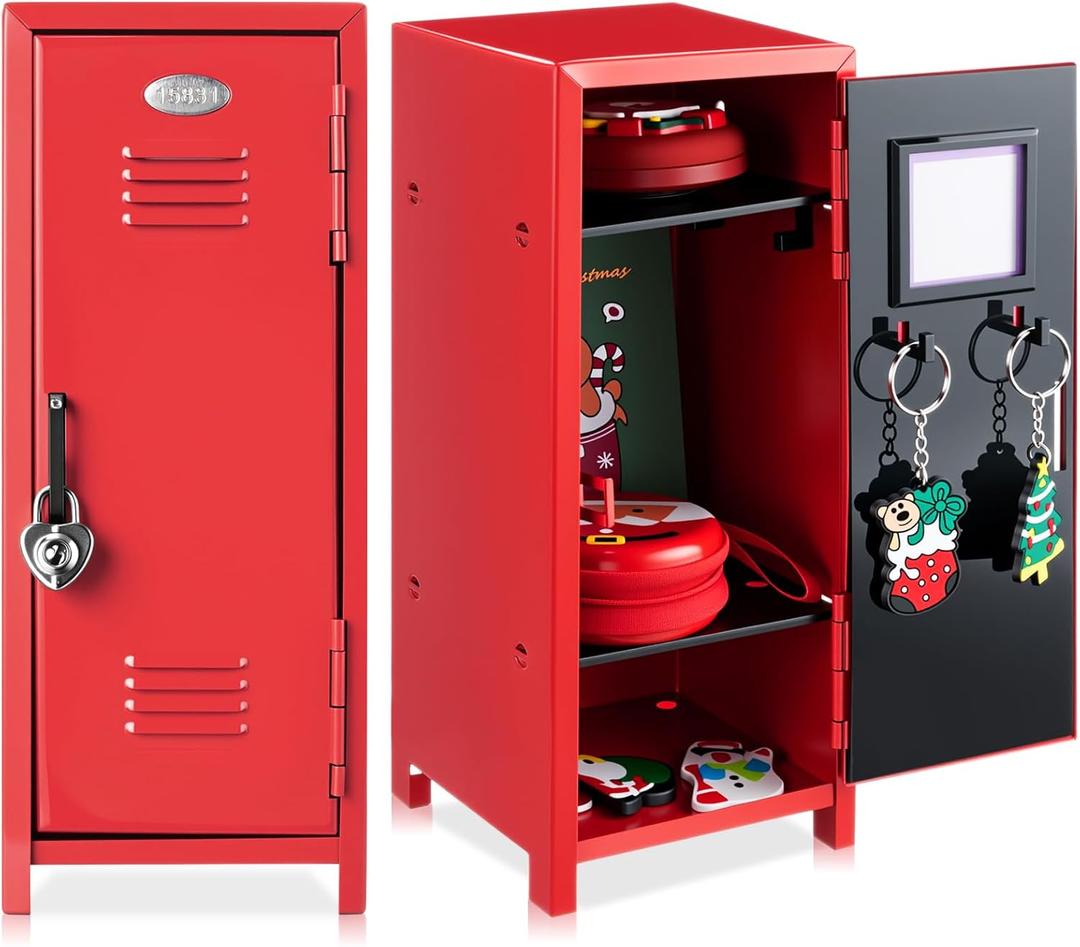 Vercraft 2 Pcs Mini Metal Locker Storage with Lock and 2 Keys 10.8 Inch Small Money Security and Cash Safe Box for Jewelry Back to School Home Office Desktop Container(Red)