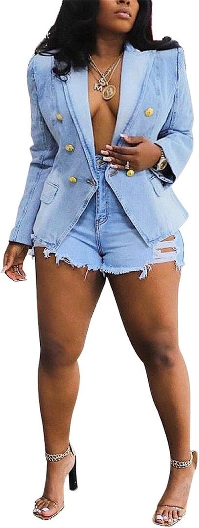 Women's Denim Casual Blazer Lapel Collar Open Front Slim Fit Work Office Jean Jacket Coat (X-Large, 1-light Blue)
