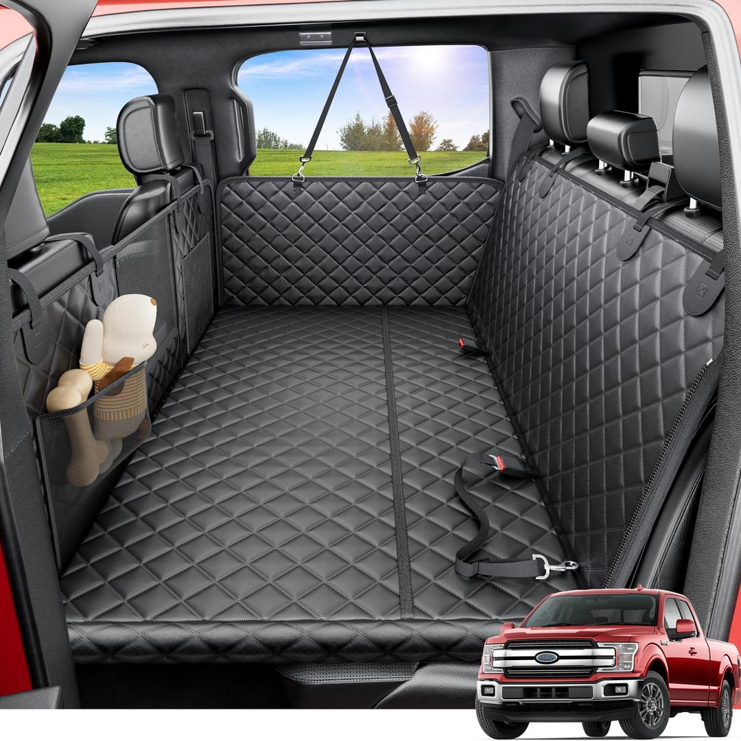 REEVAA Dog Truck Seat Cover for Back Seat, Hard Bottom Dog Hammock for Car, Pet Bed Extender for 2-4 Large Dogs, Waterproof Seat Protector, Universal XL Size Fits for Crew Cab Truck/SUV, Black