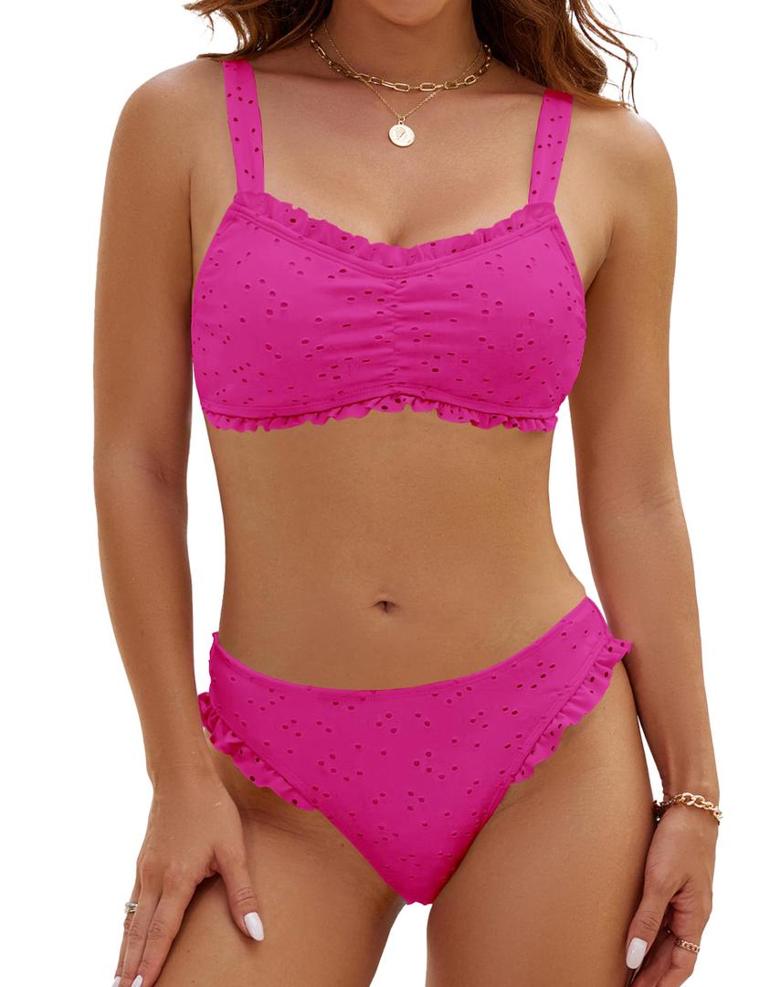 Blooming Jelly Womens Bikini Set Two Piece Bandeau Cheeky Bathing Suits Ruffle High Cut Mid Rise Eyelet Swimsuit (XS,Hot Pink)