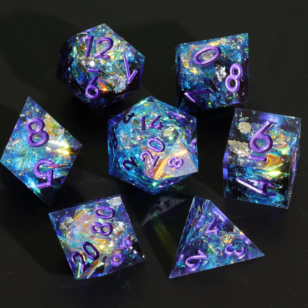 Mini Planet DND Sharp Edge Polyhedral Dungeons and Dragons Iridescent Handmade Dice Set