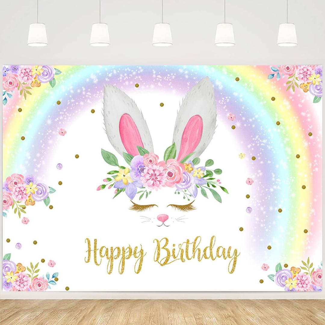 MEHOFOND 8x6ft Bunny Birthday Decorations Backdrop Spring Easter Floral Rainbow Bunny Happy Birthday Photo Background for Girls Rabbit Birthday Party Supplies