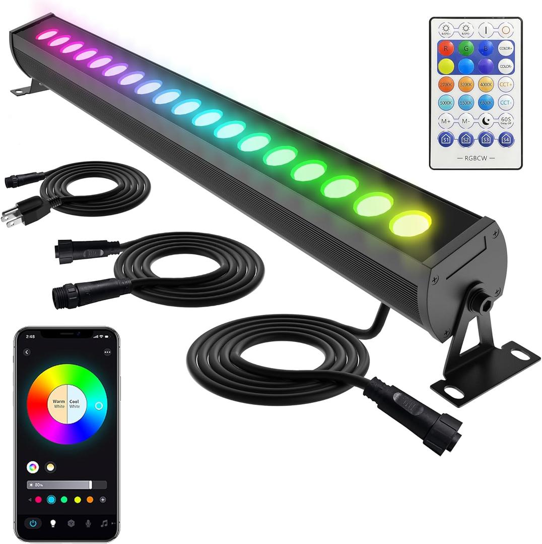 Linkable Smart RGBCW Wall Washer Light Bar 90W 2700K-6500K Tunable White LED Bar with App & RF Remote, 16 Million Color Changing Wash Lights, IP65 Stage Light for Wall Wash Lighting, Linkable 20" 90w