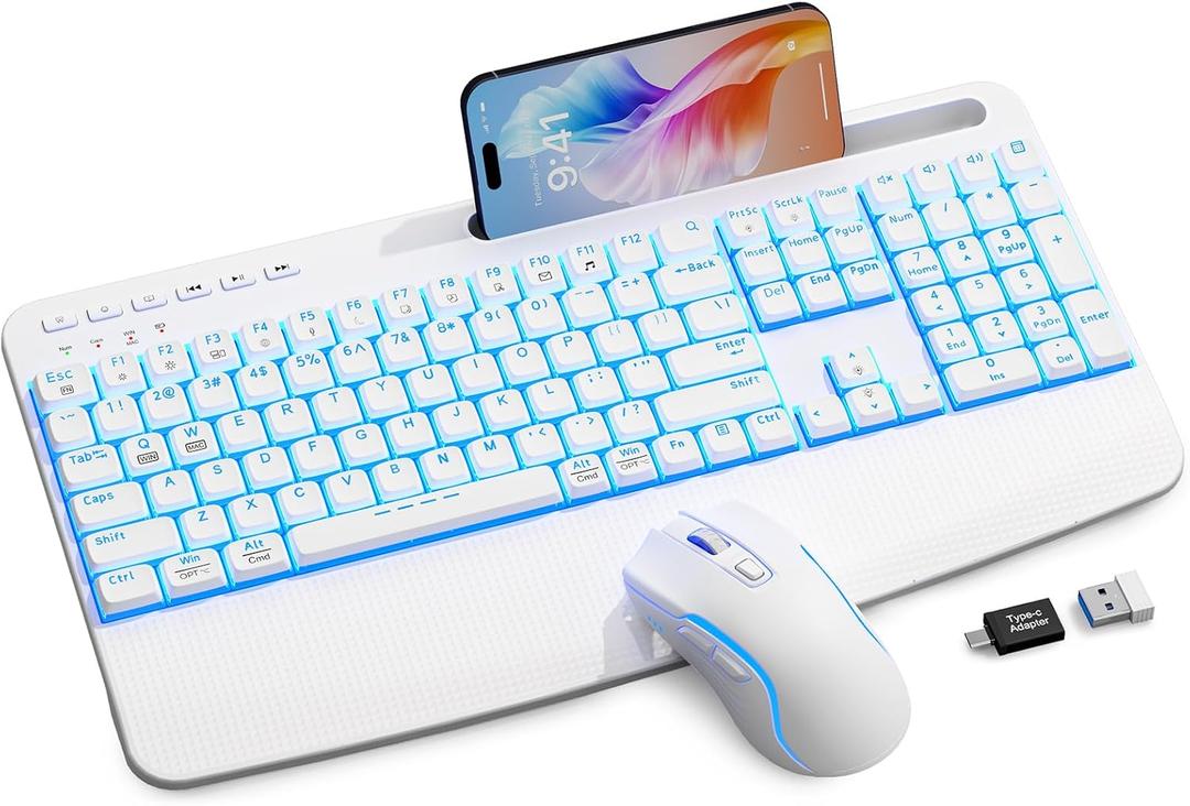 White Keyboard and Mouse Wireless Combo, 4000mAh Rechargeable Backlit Quiet Keyboards mice Set, USB Ergonomic Key Board with Wrist Rest & Phone Holder for PC, Mac, Windows, Natural Soft Typing