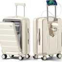 20 IN Carry On Luggage 22x14x9 Airline Approved - Front Pocket Hardside Travel Suitcase Unbreakable -with Cup Holder,Charging Port,Side Pothook, 360Spinner Wheels, TSA Lock-White