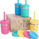 Elk and Friends 10oz Stainless Steel Kids + Toddler Drinking Cups | The Original Mason Jar with Sleeves + Lids | Silicone Straws | Smoothies | Storage Jar | Spill Resistant | Dishwasher Safe | 4 Pack (Pink/Teal/Yellow/Blue)