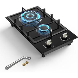 Gas Stove 2 Burner Propane Cooktop 12 inch, Nafewin Tempered Glass Portable Gas Cooktop Stove Burner with Thermocouple Protection, Lpg/Ng Dual Fuel Built-in Hob for Apartments, Outdoor, Rvs, 12 Inch Gas Cooktop-Black