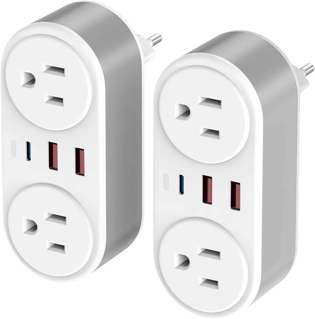 2 Pack European Travel Plug Adapter, CHUAFIUR US to Europe Plug Adapter with 2 Outlets 3 USB Charging Ports, PD 20W Fast Charger with Type C Travel Essentials to Most EU Spain Italy France Germany