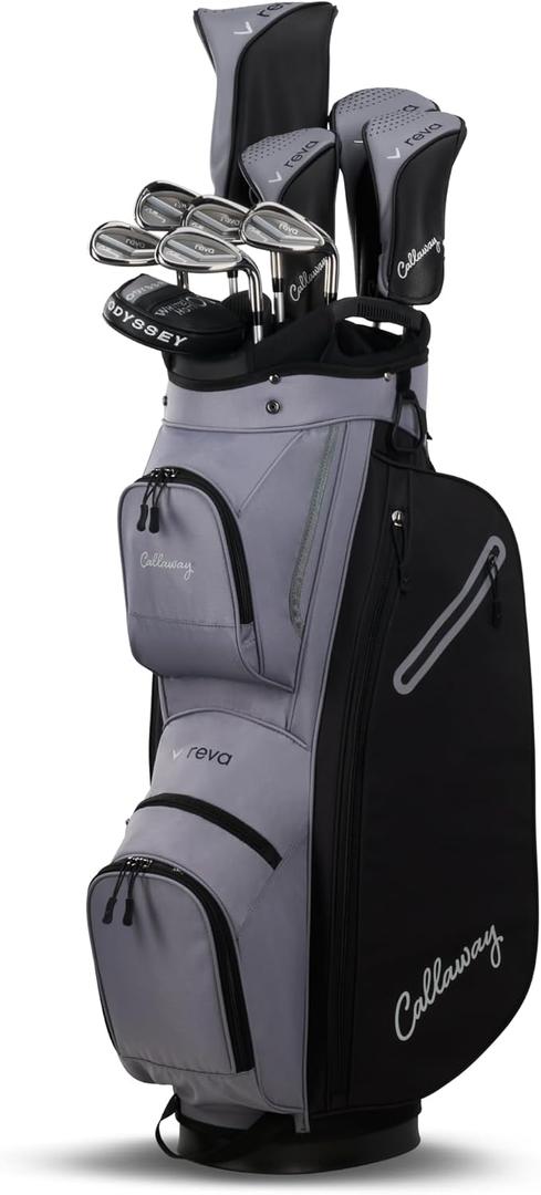 Callaway Golf Women's 2026 REVA Complete Golf Set, Standard, Left hand, Driver: 13.5°, 44.4", 62.5°, C6, Fairway Wood: 18°, 40.0", 58.5°, C5, 5 Hybrid: 23°, 38.5", 61.0°, C5, 6 Hybrid: 26°, 37.5", 61.5°, C5, 7 Iron: 33°, 36.6", 62.5°, C7, 8 Iron: 38°, 36.1", 63.0°, C7, 9 Iron: 43°, 35.6", 63.5°, C7, Pitching Wedge: 48°, 35.1", 64.0°, C8, Sand Wedge: 56°, 34.9", 64.0°, C8, Putter: 3°, 33.0", 70.0°, N/A