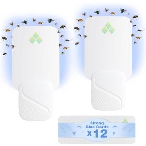 Fly Trap Indoor, Fruit Fly Traps for Indoors, 2 Devices 12 Glue Cards, Two Modes Protect 400 Sq Ft for Home, Fly Catcher Trap for Fruit Flies, Gnats, Mosquito, Flies, Moths, and Other Flying Insects