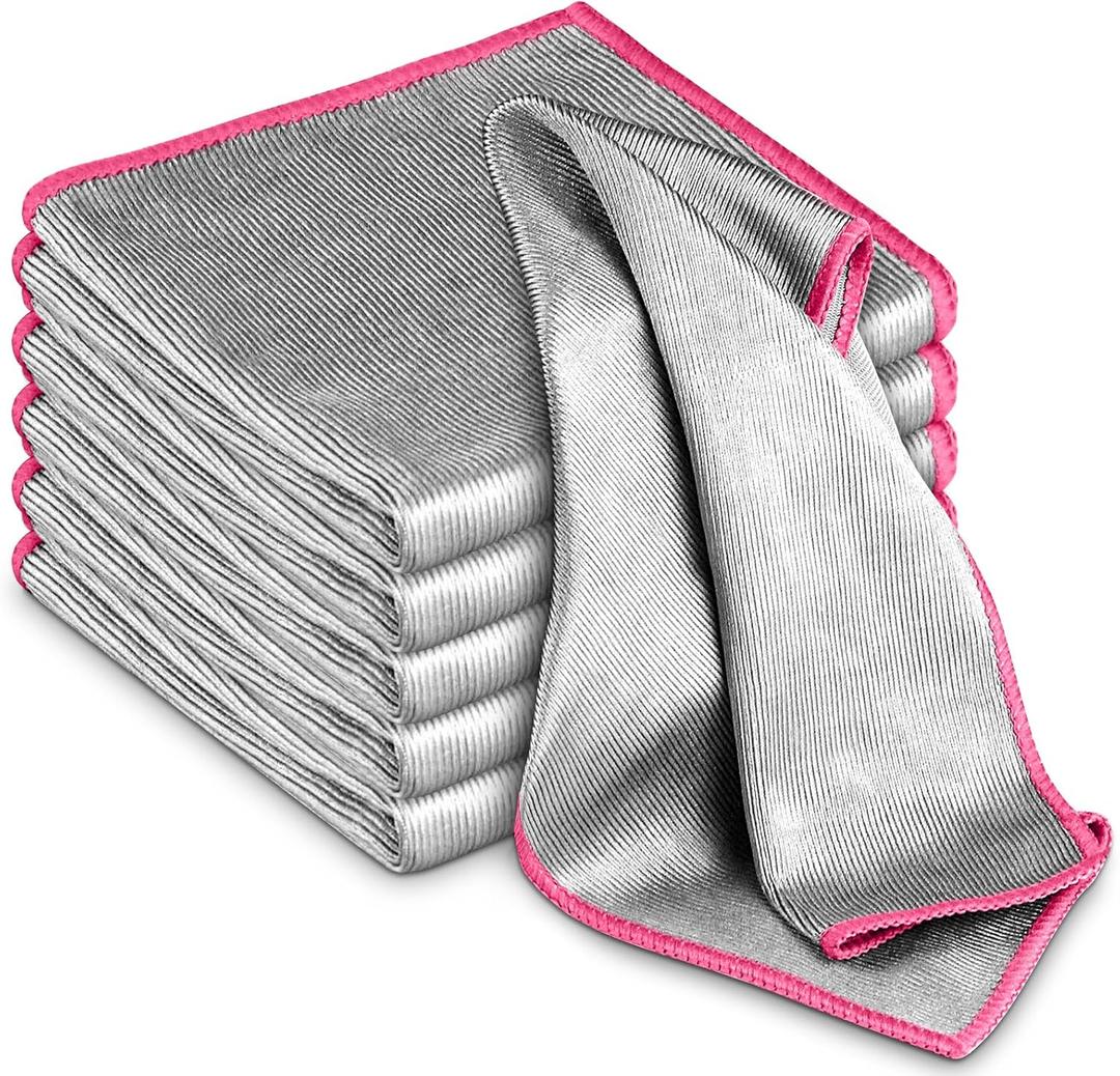 Airlab Glass Polishing Cloth Streak Free Miracle Microfiber Cleaning Cloth Lint Free Cleaning Rags for Glasses Kitchen Dish Mirrors Easy Clean, Pack of 6, 12" x 12", Silver-Pink