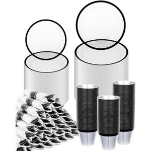 BESTVIP 700 Pcs Clear Black Plastic Dinnerware Set for 100 Guests