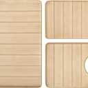 BYSURE Beige Memory Foam Bathroom Rug Set 3 Piece, Non Slip Extra Soft Absorbent Bath Mats, Machine Washable & Dry Toilet Mat Sets for Bathroom Floor (1'5" x 2'8" (Rectangular, U-shaped), Beige-stripe)