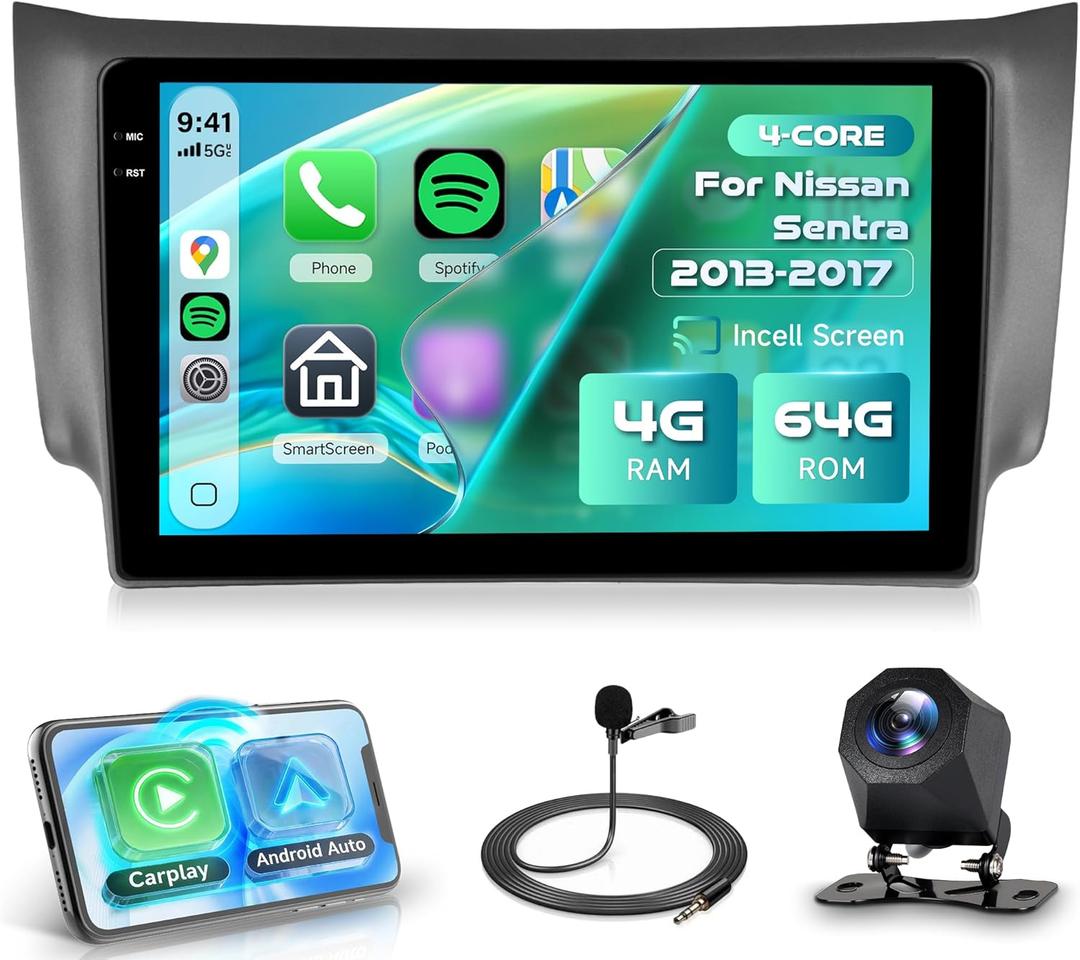 Rimoody 4G+64G Android 15 Car Stereo for Nissan Sentra 2013-2017 Wireless Carplay Android Auto, 10.1'' in-Cell Screen Car Radio with GPS/Bluetooth 5.0/FM RDS/EQ/5G-WiFi Mirror Link Backup Camera SWC