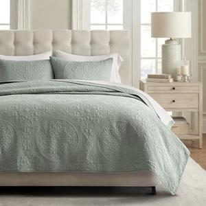 EverGrace Medallion Stitch Cotton Quilt Set Queen Size, 3-Piece 100% Cotton Quilted Bedspread Coverlet Set with 2 Pillow Shams, Oversized Lightweight Soft & Breathable, Soft Sea 92" x 96"