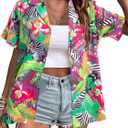 ALLTB Hawaiian Shirts for Women Tropical Floral Printed Hawaii Shirts Button Down V Neck Short Sleeve Blouses Tops (M)